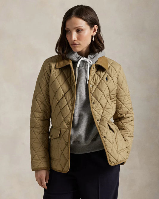 RL desert khaki corduroy trim quilted barn jacket
