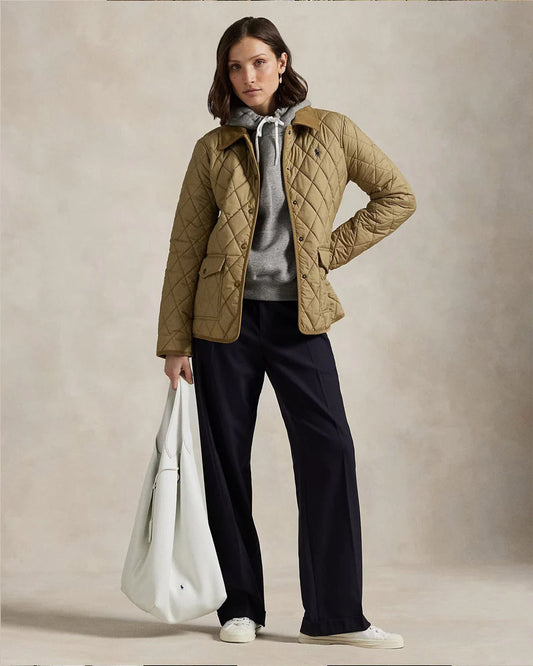 RL desert khaki corduroy trim quilted barn jacket